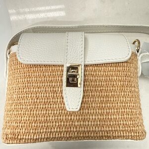 White and Tan Woven Crossbody Bag